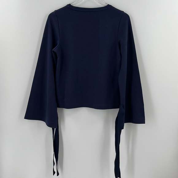 J Crew Navy Tie Bell Sleeve Sweatshirt Pull Over Crew Neck Wrist Bow XSmall - Picture 6 of 9